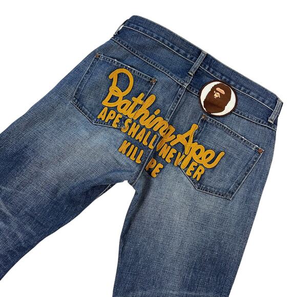 M 32" x 32" Bape Jeans Embroidered Champion Logo Stone Wash Denim